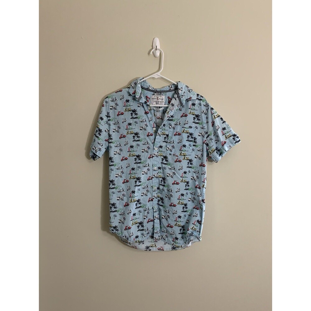 Denim Flower Men’s Short Sleeve Button Down Motorcycle Palm Tree Shirt Size M